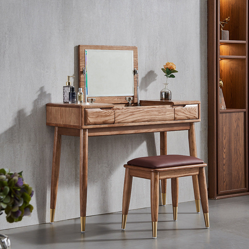 Traditional Vanity Desk Flip Single Mirror Double Drawers Straight Feet Dresser