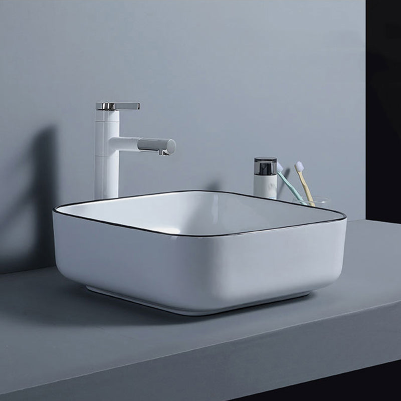 Modern Bathroom Sink with Single Faucet Hole Porcelain Rectangular Vessel Bathroom Sink
