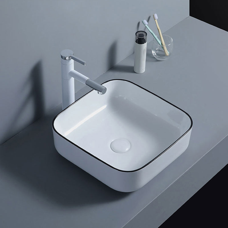 Modern Bathroom Sink with Single Faucet Hole Porcelain Rectangular Vessel Bathroom Sink