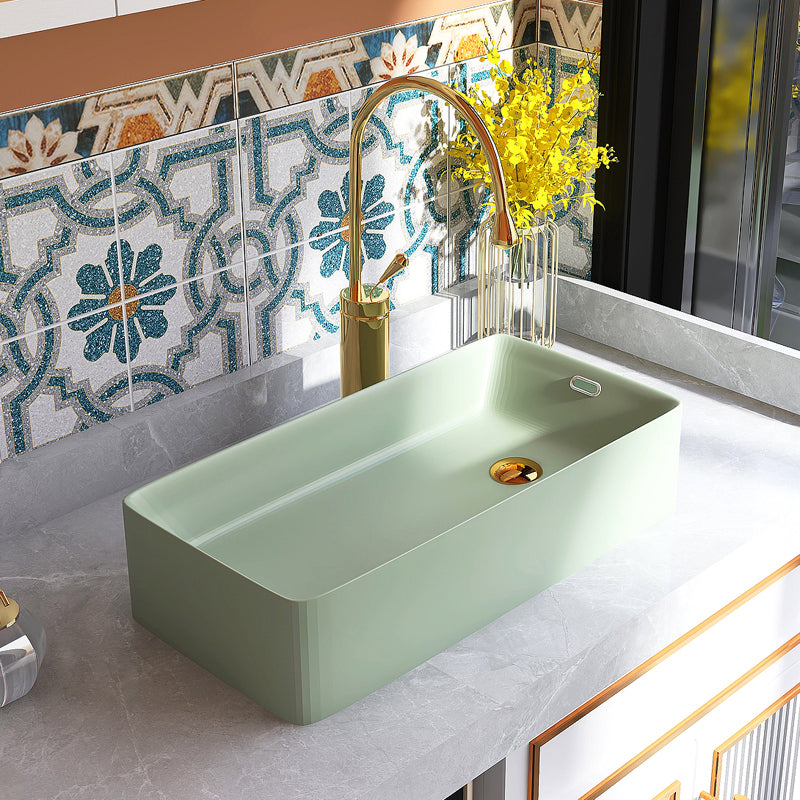 Contemporary Bathroom Sink with Single Faucet Hole Porcelain Rectangular Vessel