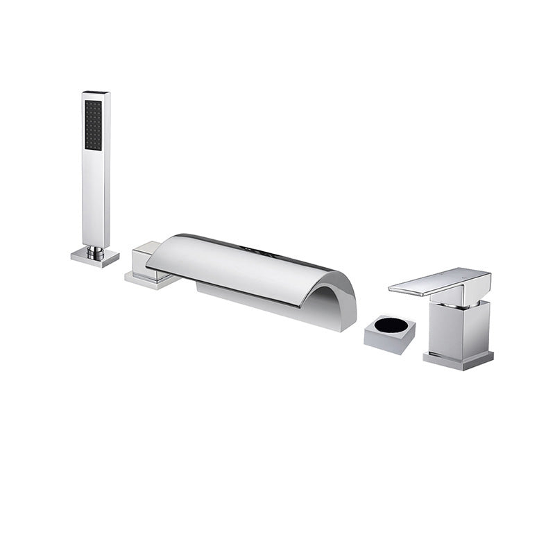 Modern Waterfall Tub Spout 2 Handles Deck Mount Roman Tub Faucet in Black and Chrome