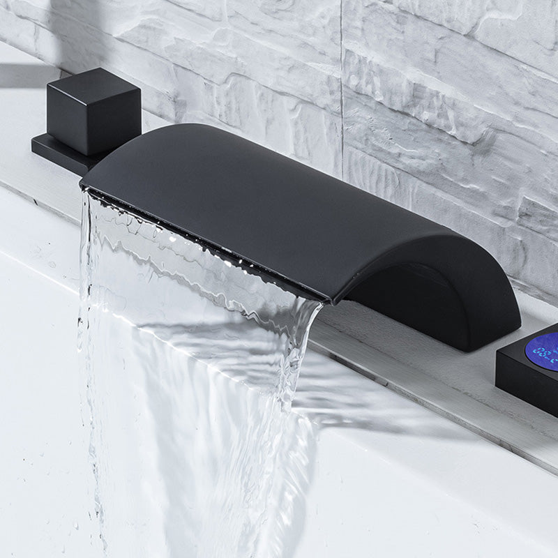 Modern Waterfall Tub Spout 2 Handles Deck Mount Roman Tub Faucet in Black and Chrome