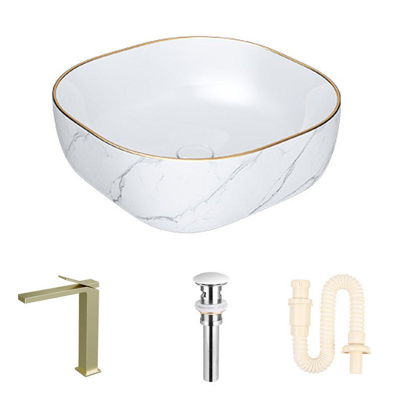 Modern Bathroom Sink Porcelain Pop-Up Drain Solid Color Rectangular Vessel