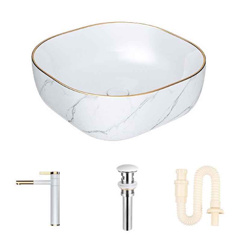 Modern Bathroom Sink Porcelain Pop-Up Drain Solid Color Rectangular Vessel