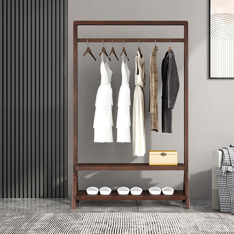 Contemporary Style Coat Hanger Solid Wood Double Shelves Coat Rack for Living Room