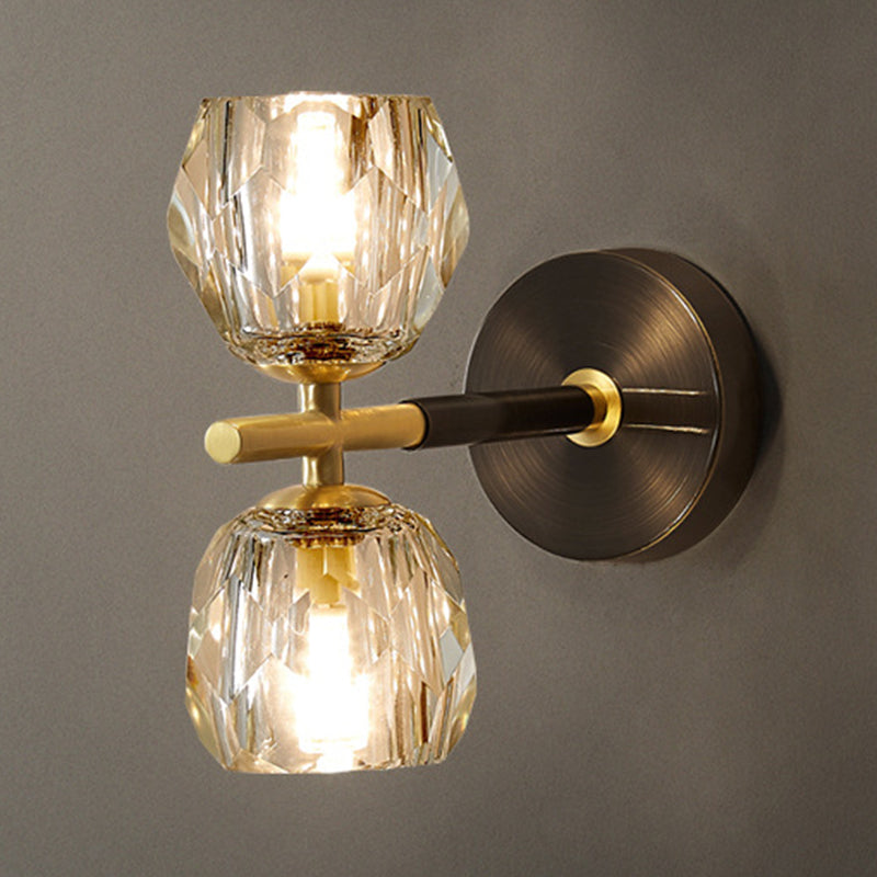 1 / 2 - Light Brass Wall Armed Sconce in Black and Gold Wall Light with Crystal Shade