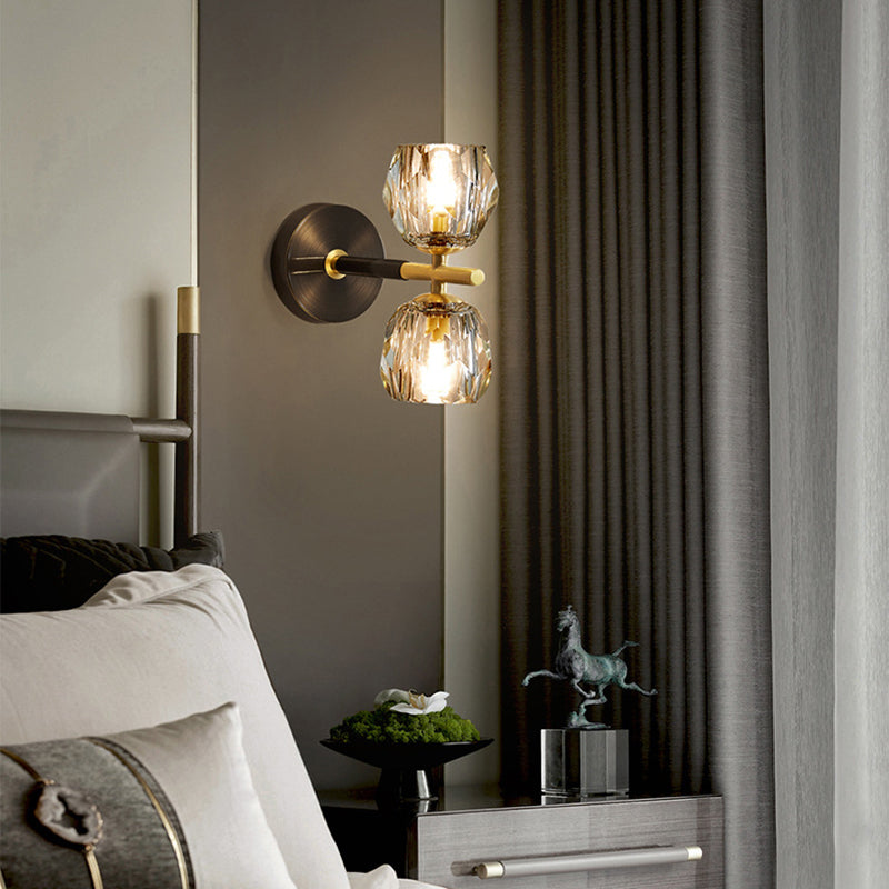 1 / 2 - Light Brass Wall Armed Sconce in Black and Gold Wall Light with Crystal Shade