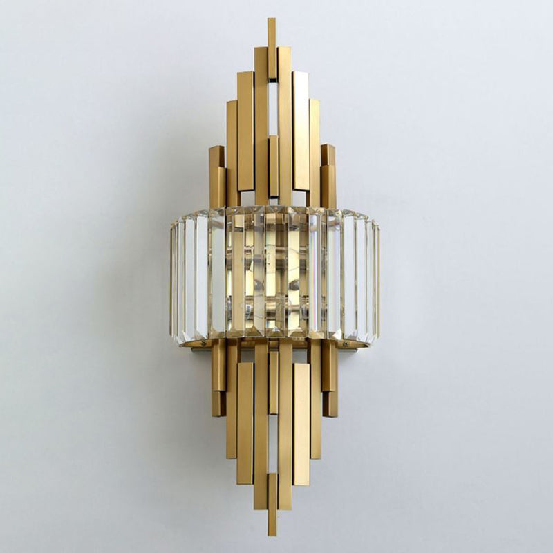 2 Light Metal and Crystal Wall Sconce Brass and Clear Wall Mounted Fixture