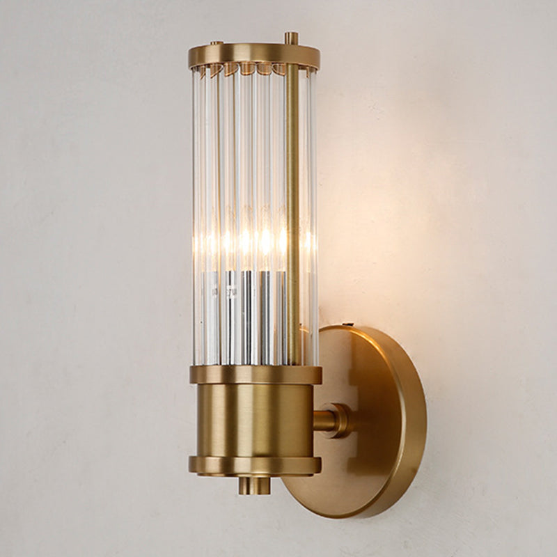 1 / 2 - Light Cylinder Wall Sconce in Gold and Clear Solid Brass and Glass Wall Light