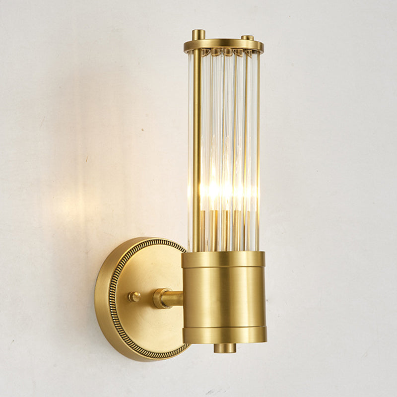 1 / 2 - Light Cylinder Wall Sconce in Gold and Clear Solid Brass and Glass Wall Light