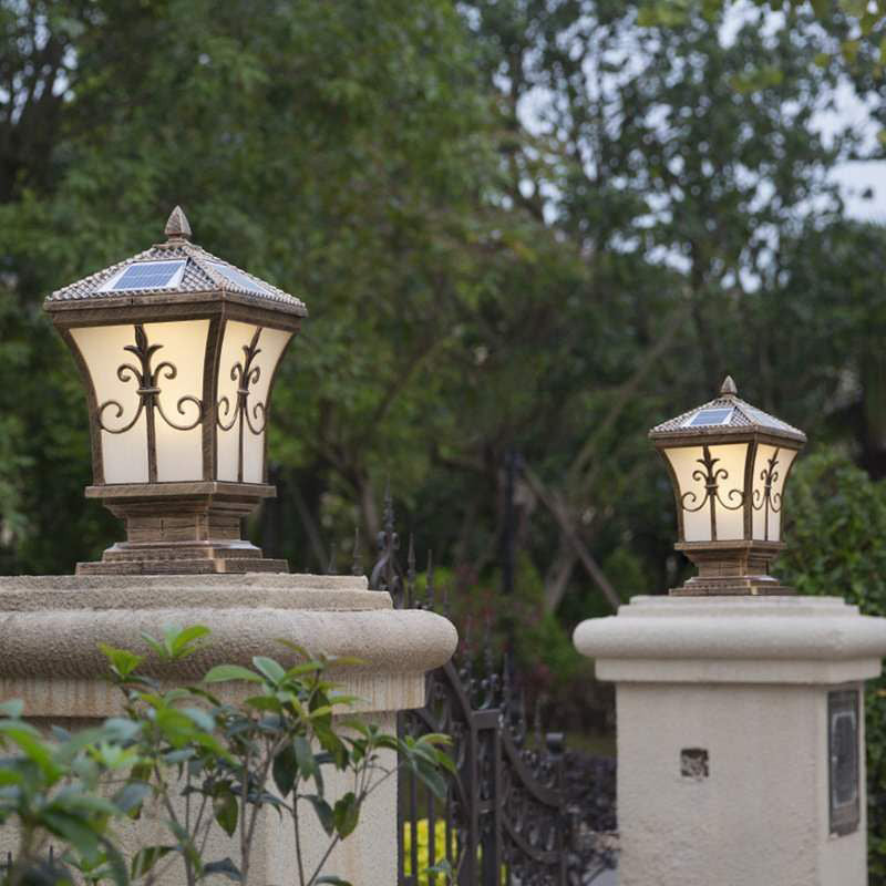 Square Waterproof Pillar Lamp Golden/Black Solar Outdoor Lights for Garden