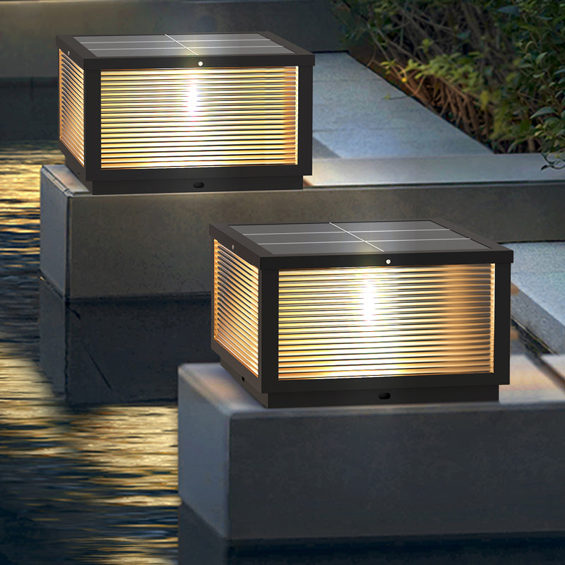 Modern Solar Energy Pillar Lamp Black Square Outdoor Light for Garden