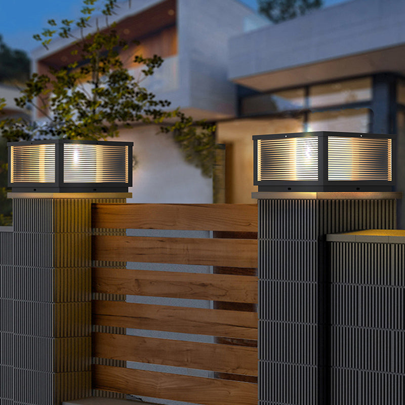 Modern Solar Energy Pillar Lamp Black Square Outdoor Light for Garden