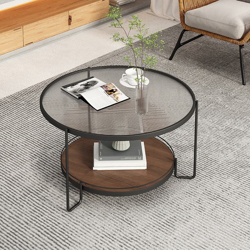 Round Glass Top Coffee Table 17.7" H Iron 3 Legs Cocktail Table with Shelf