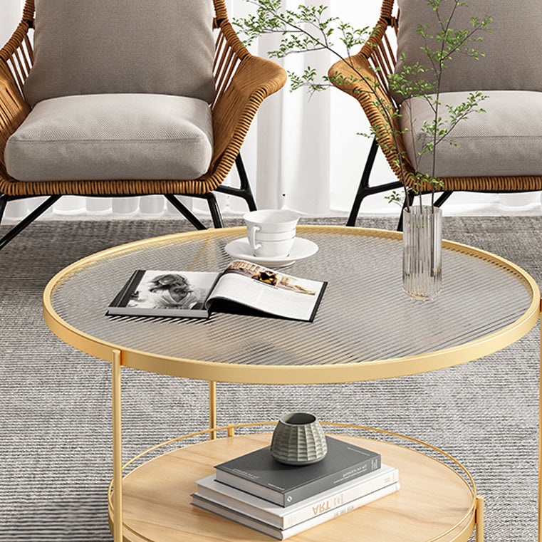 Round Glass Top Coffee Table 17.7" H Iron 3 Legs Cocktail Table with Shelf