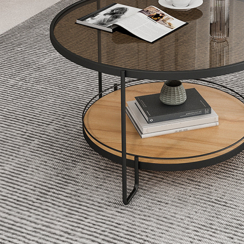 Round Glass Top Coffee Table 17.7" H Iron 3 Legs Cocktail Table with Shelf
