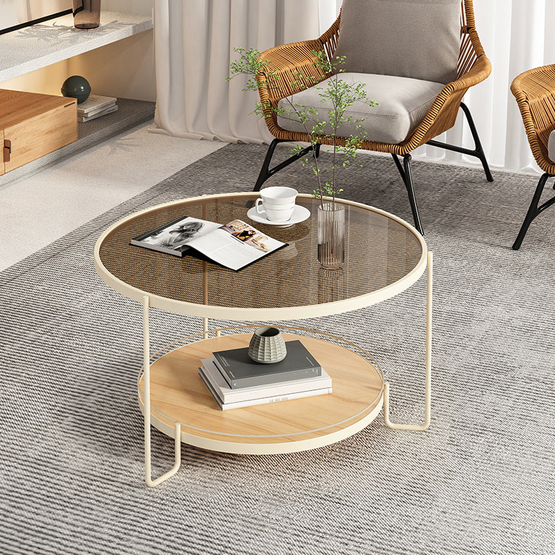 Round Glass Top Coffee Table 17.7" H Iron 3 Legs Cocktail Table with Shelf