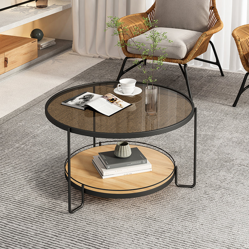 Round Glass Top Coffee Table 17.7" H Iron 3 Legs Cocktail Table with Shelf