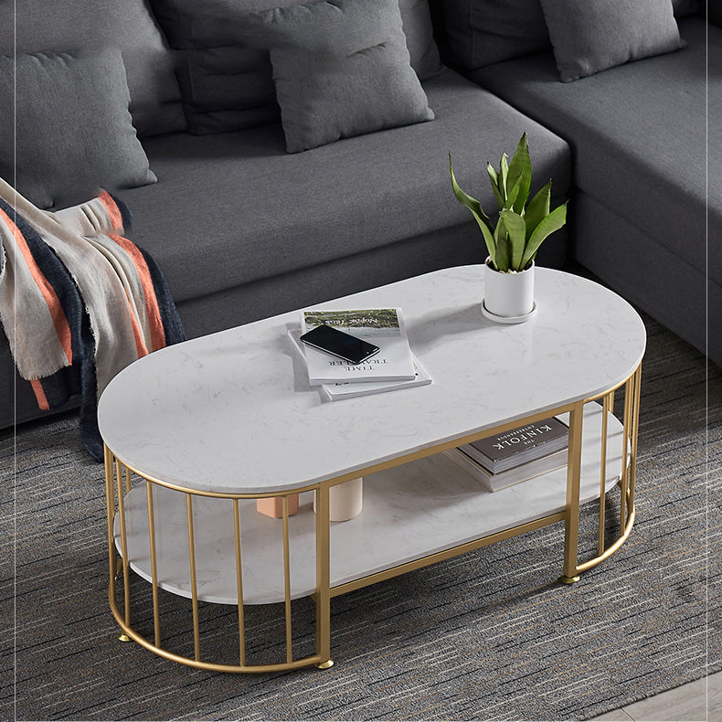 Glam Style Oval Coffee Table with Marble Top and 1 Shelf in White