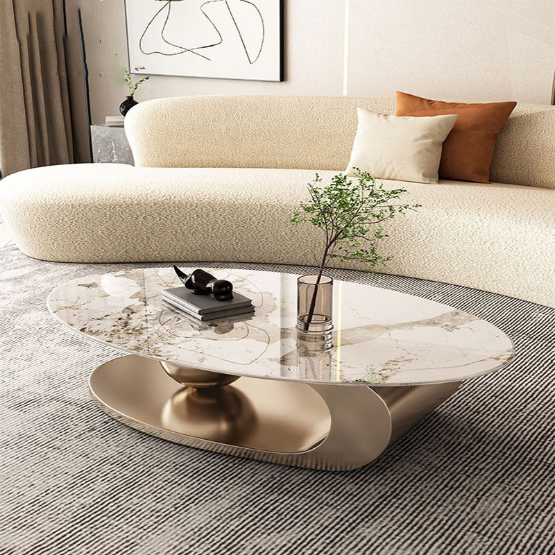 Elliptical Slate Glam Coffee Table 27.6" D Abstract Cocktail Table with Floor Shelf