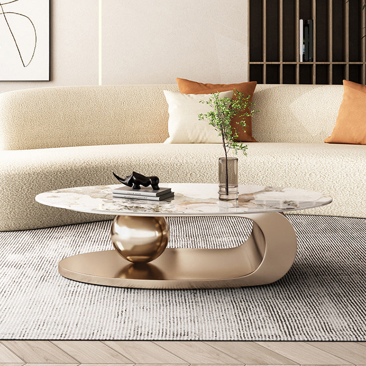 Elliptical Slate Glam Coffee Table 27.6" D Abstract Cocktail Table with Floor Shelf