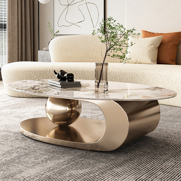 Elliptical Slate Glam Coffee Table 27.6" D Abstract Cocktail Table with Floor Shelf