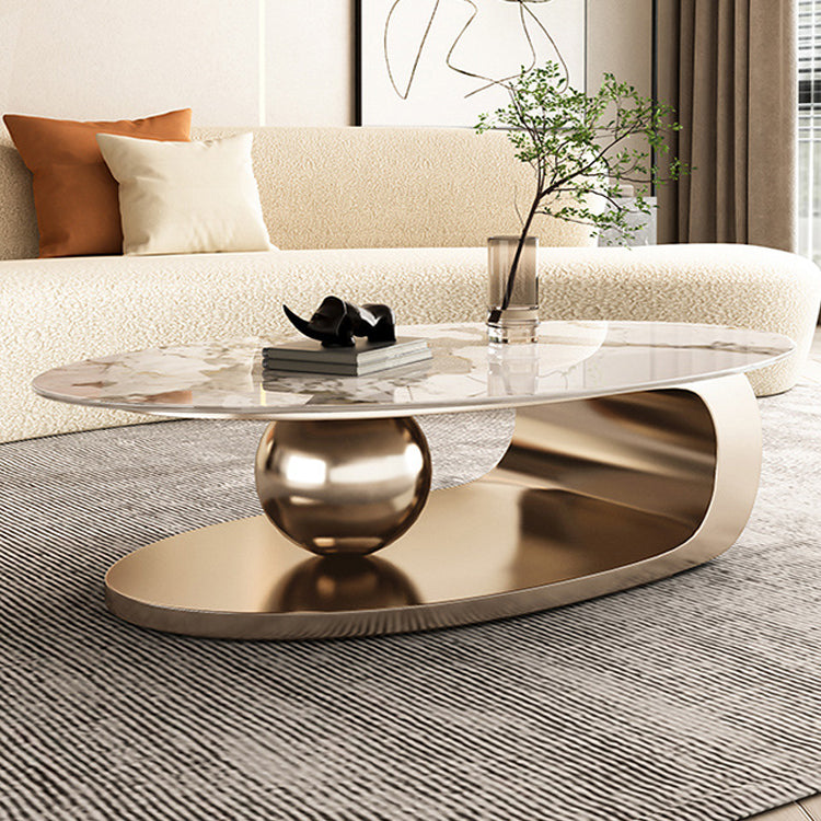 Elliptical Slate Glam Coffee Table 27.6" D Abstract Cocktail Table with Floor Shelf