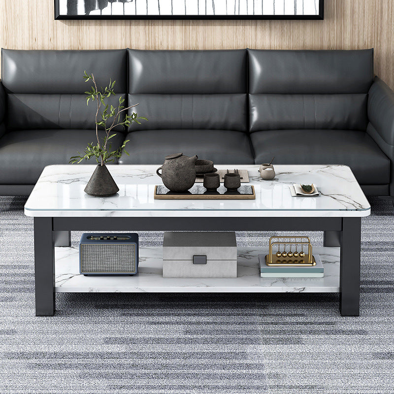 Rectangular Glass 4 Legs Coffee Cocktail Table with Storage Shelf
