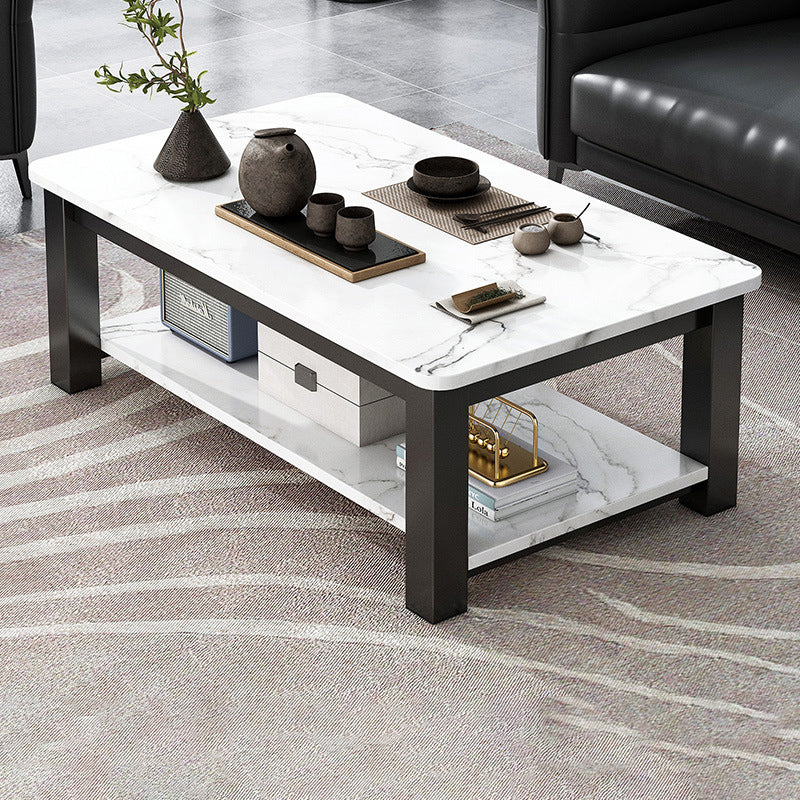 Rectangular Glass 4 Legs Coffee Cocktail Table with Storage Shelf