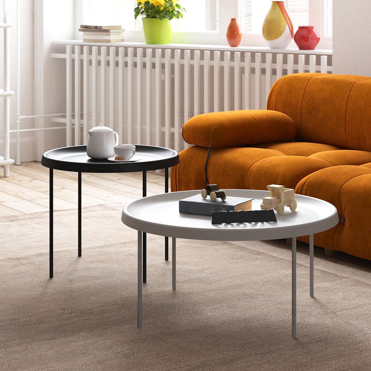 Mid-century Modern Steel Round Tray Top Coffee Table 4 Legs Cocktail Table