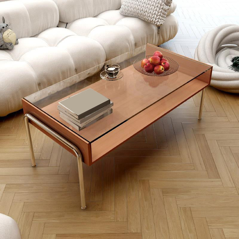 Contemporary Glass Top Coffee Table in Rectangle with 1 Shelf and 4 Legs