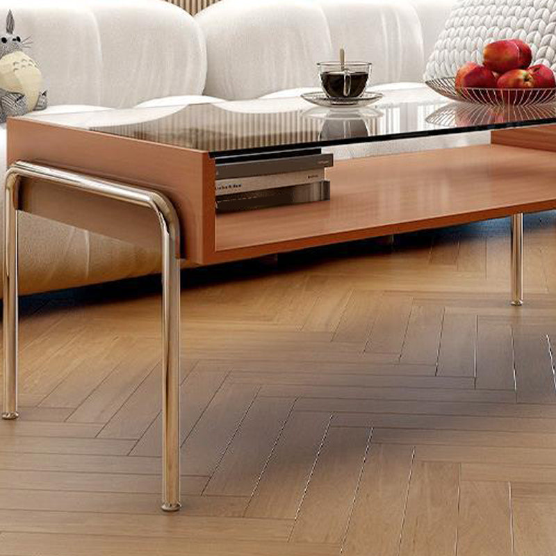Contemporary Glass Top Coffee Table in Rectangle with 1 Shelf and 4 Legs