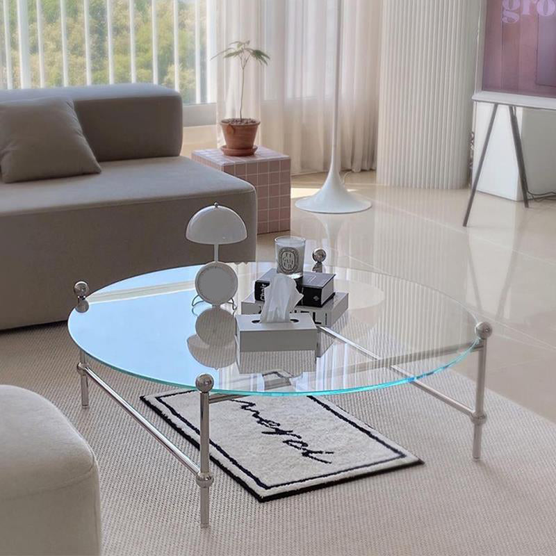 Contemporary Round Coffee Table with Glass Top and Steel Legs in Clear