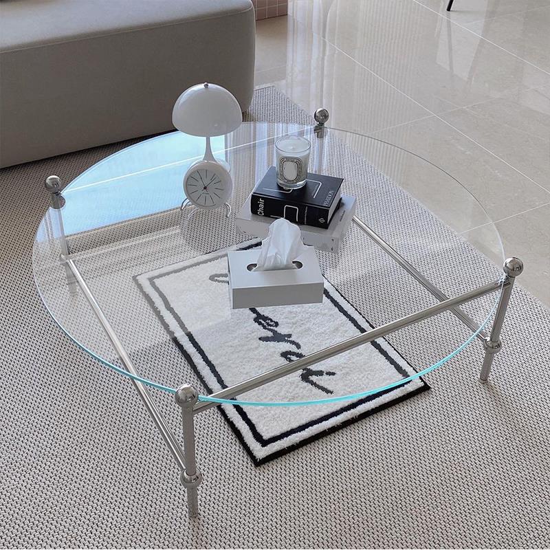 Contemporary Round Coffee Table with Glass Top and Steel Legs in Clear