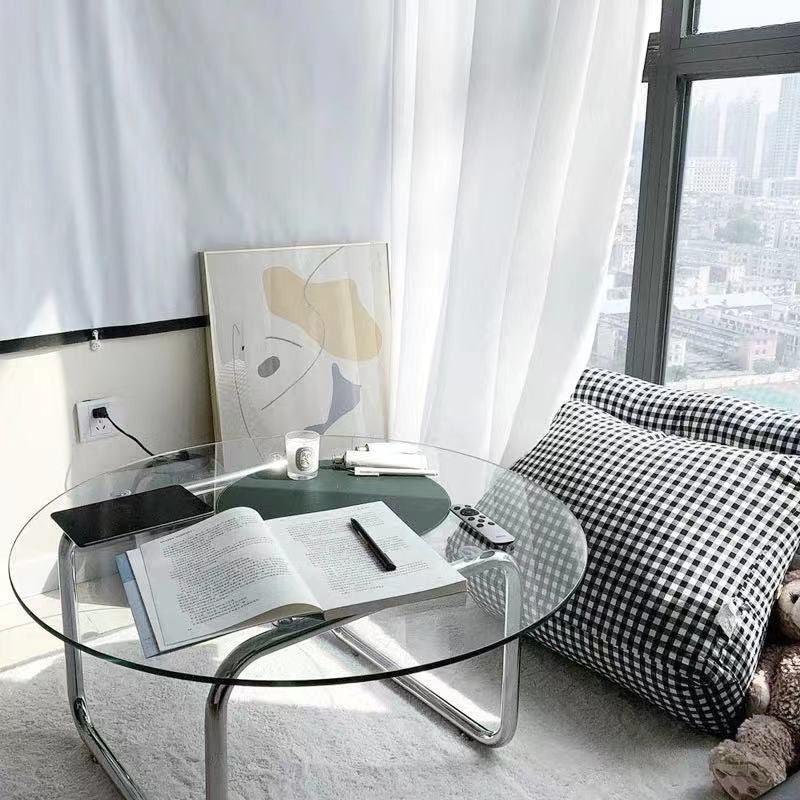 Round Clear Glass Cocktail Table Modern Steel Sled Coffee Table