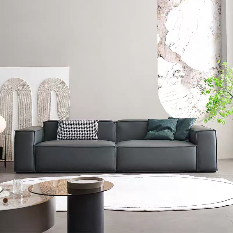 Contemporary Stationary Faux Leather Sofa Living Room Square Arm Cushions Sofa
