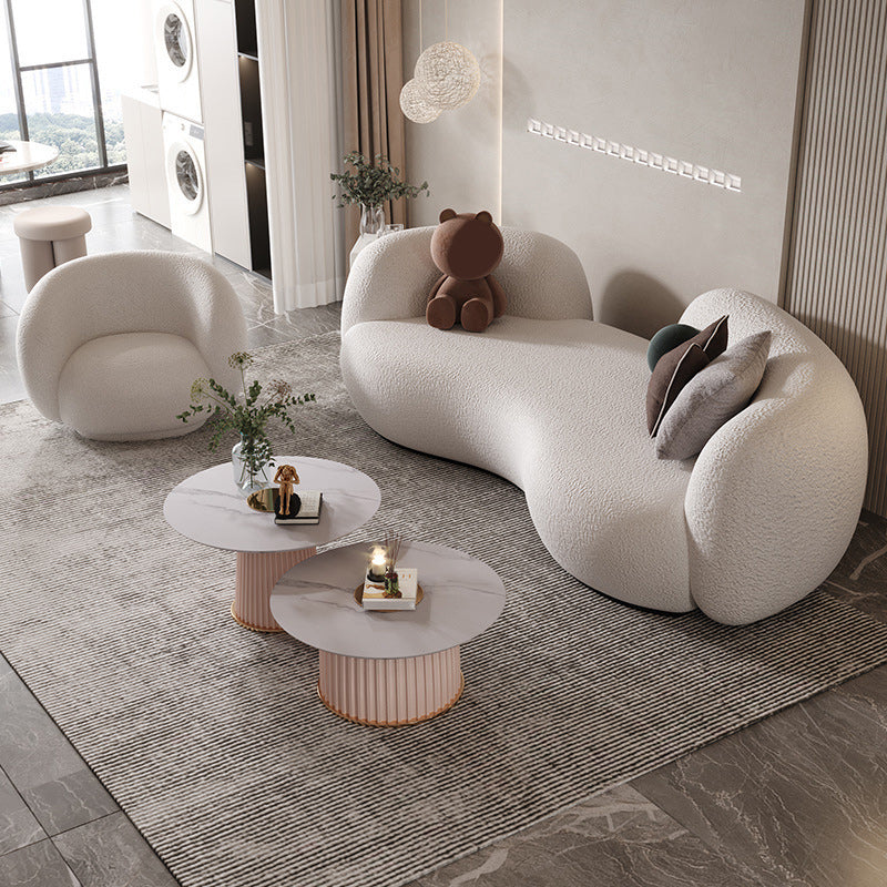Contemporary White Wool Curved Sofa Sloped Arm Sofa for Living Room
