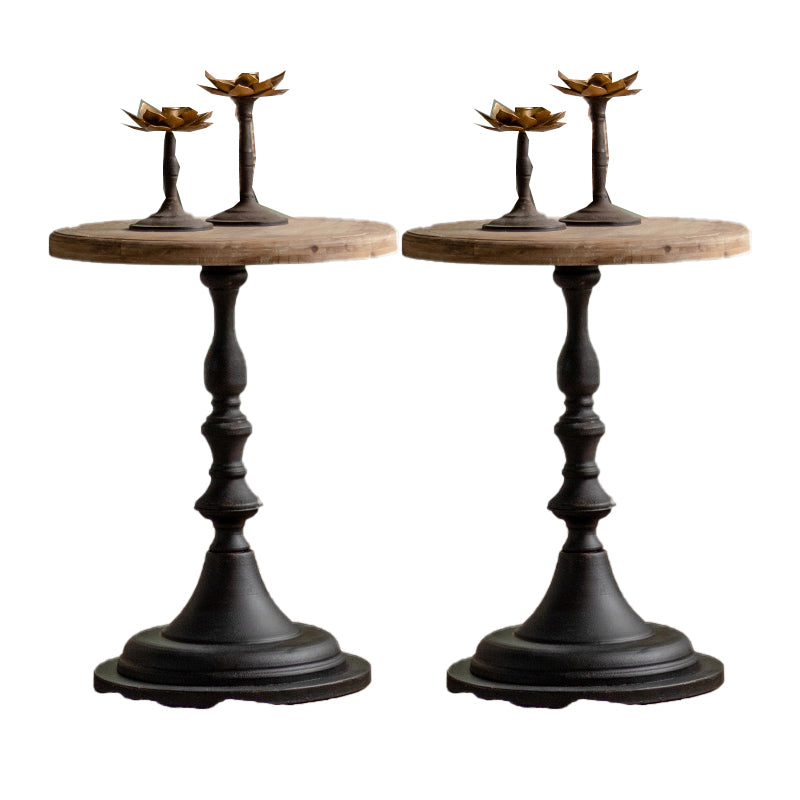 Wood Round Top Side Table Distressed Iron Pedestal End Table