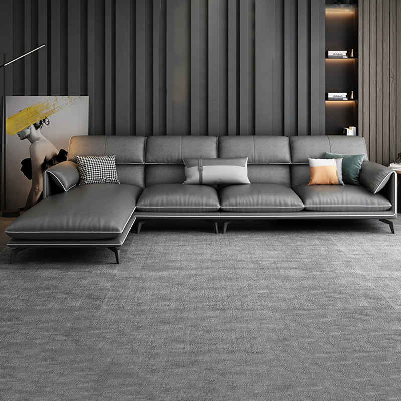35"H Contemporary Sectional Sofa Leather Grey Stationary Sectionals