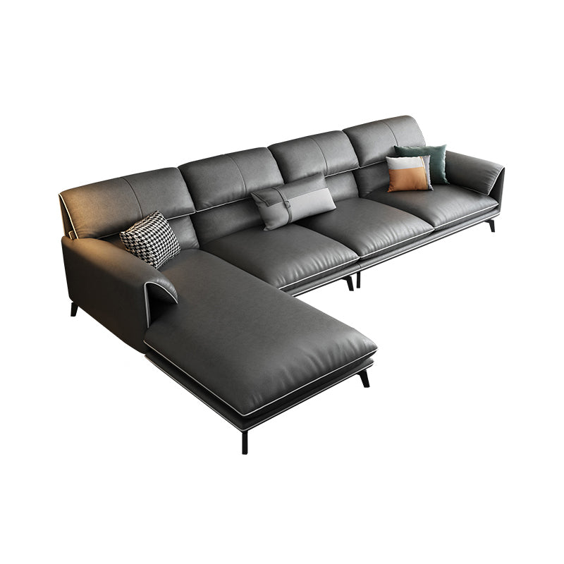 35"H Contemporary Sectional Sofa Leather Grey Stationary Sectionals