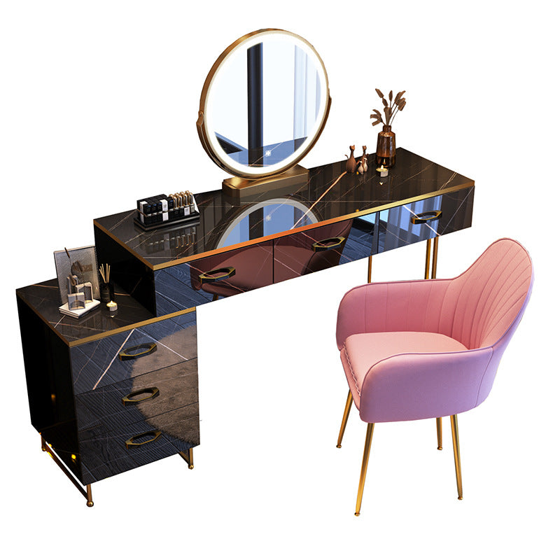 Glam Stone Top Makeup Dressing Table with Drawers in Black for Living Room