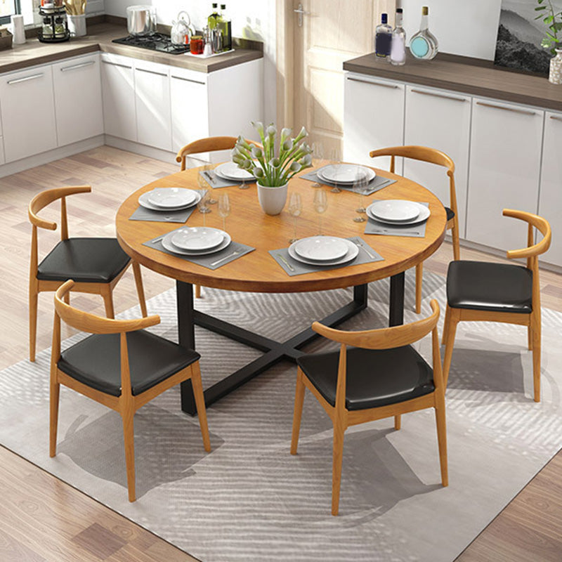 Modern Round Dining Table for Home Brown Solid Wood Table with Metal Base