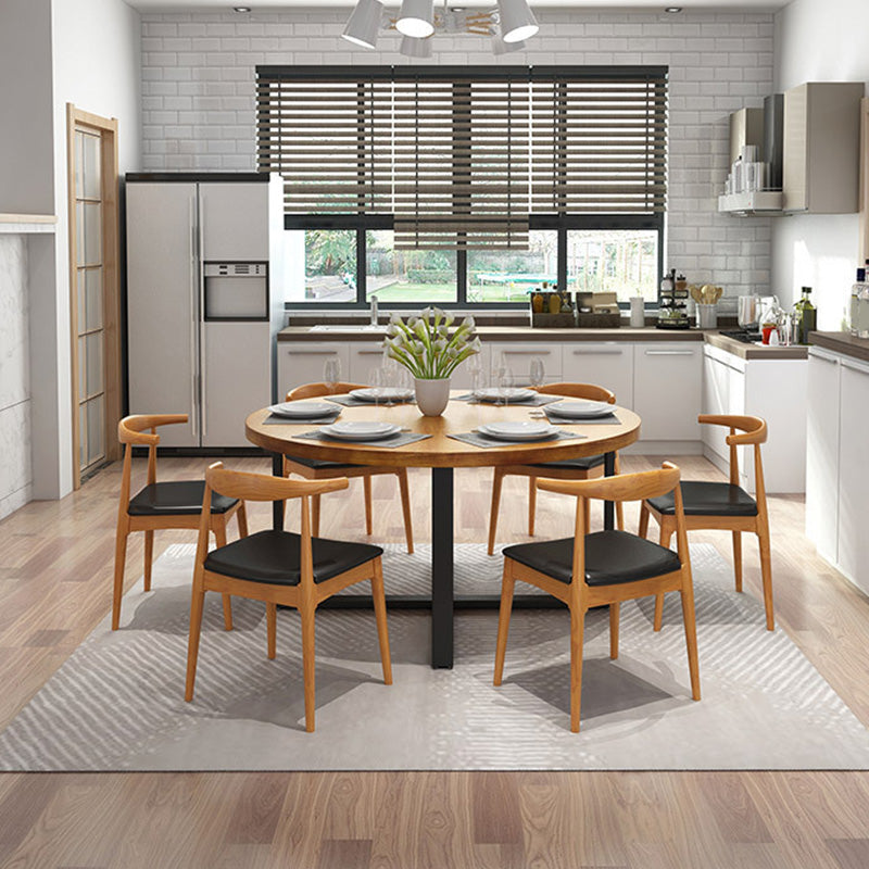 Modern Round Dining Table for Home Brown Solid Wood Table with Metal Base