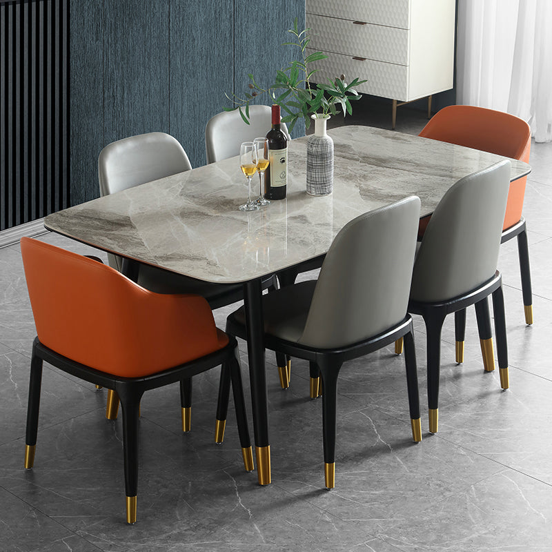 Mid-Century Modern Rectangle Dining Table Stone Top and Solid Wood Legs Dining Table