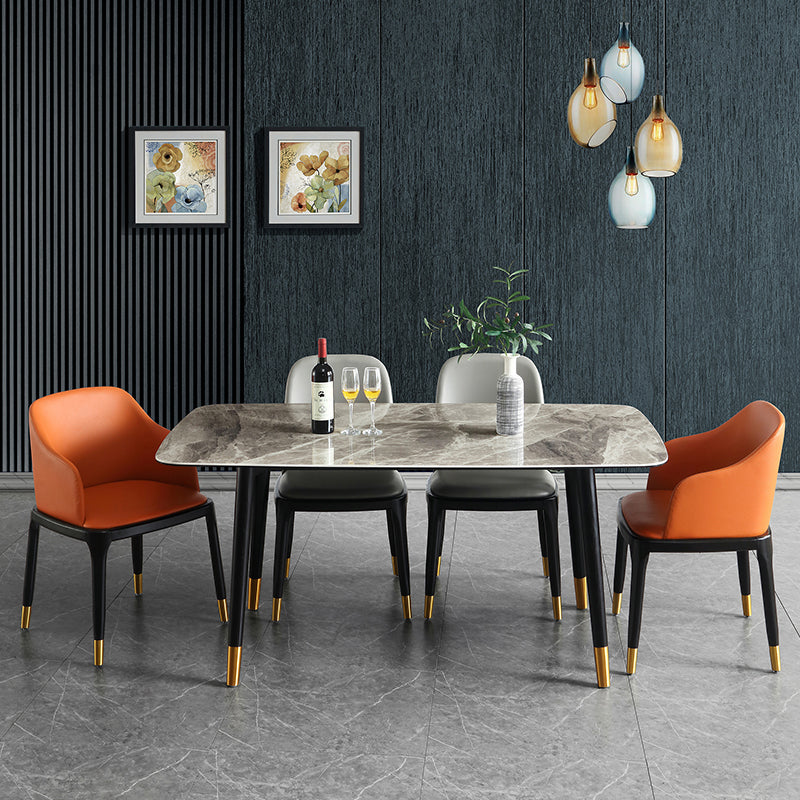 Mid-Century Modern Rectangle Dining Table Stone Top and Solid Wood Legs Dining Table