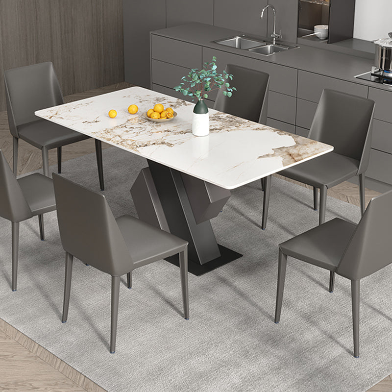 Industrial Sintered Stone Dining Table Rectangle Table with Metal Pedestal Base