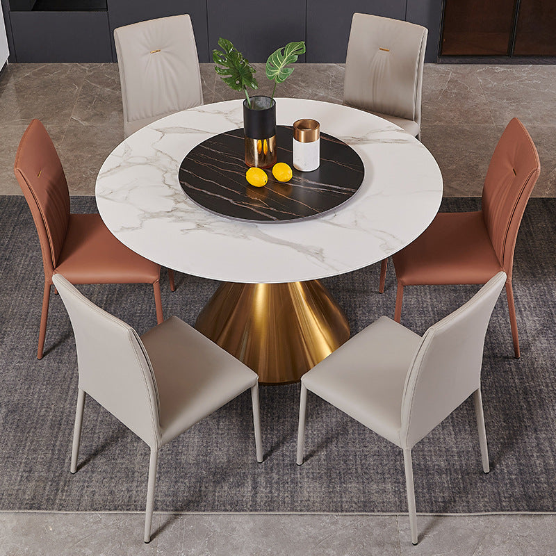 Glam Style Dining Round Table Sintered Stone Table with Turntable for Home