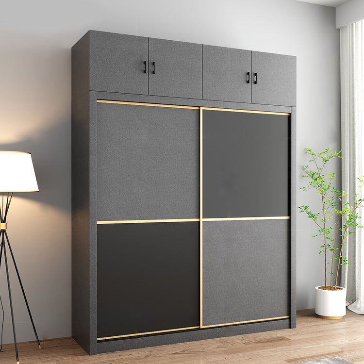 Manufactured Wood Grey Cabinet with Clothes Rail Modern Wardrobe with Sliding Doors