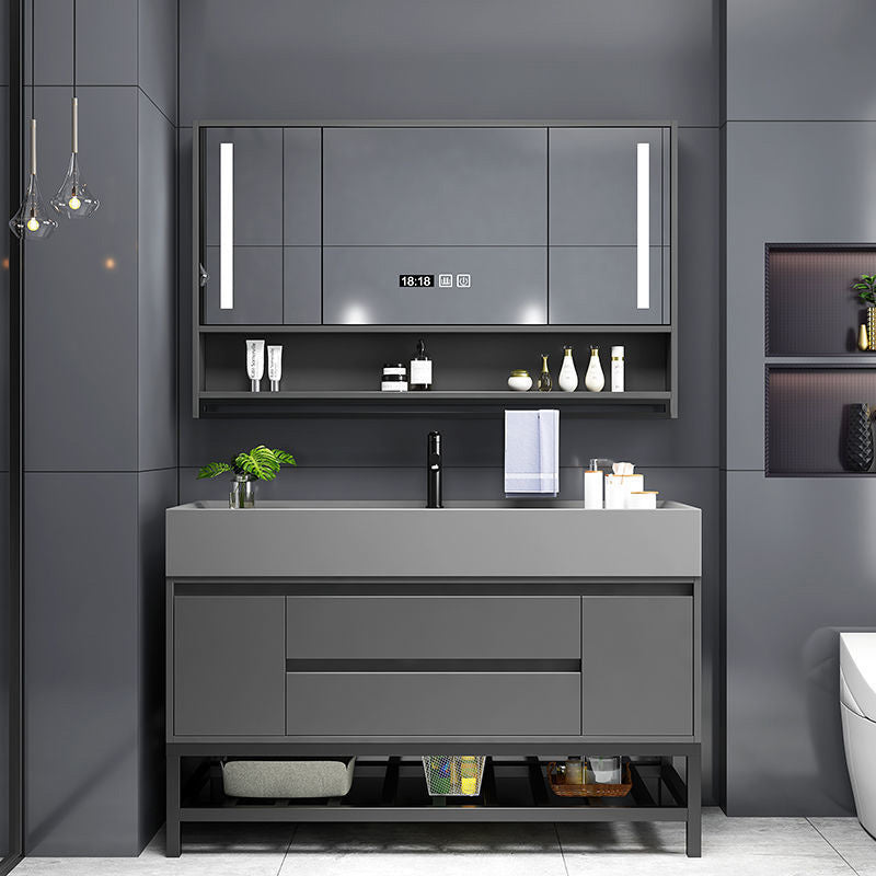 Grey Vanity Set Single Sink Shelving Included Drawers Stone Top Bath Vanity with Mirror