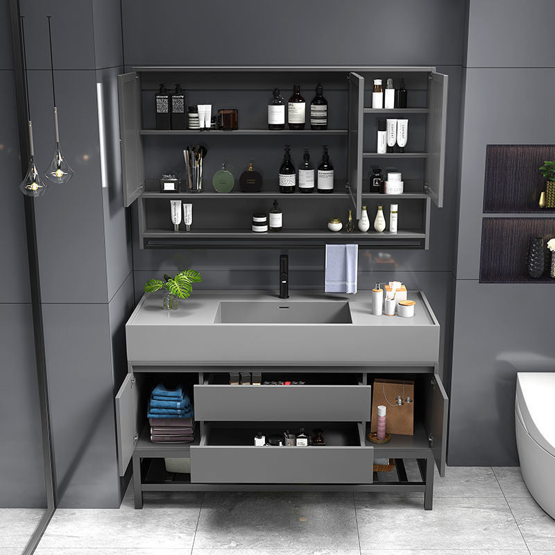 Grey Vanity Set Single Sink Shelving Included Drawers Stone Top Bath Vanity with Mirror